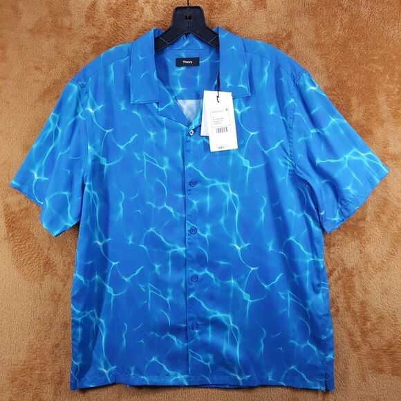THEORY Shirt Mens XL Blue Button Up Short Sleeve IRVING Sail Ripple Waves $195 - Picture 1 of 7